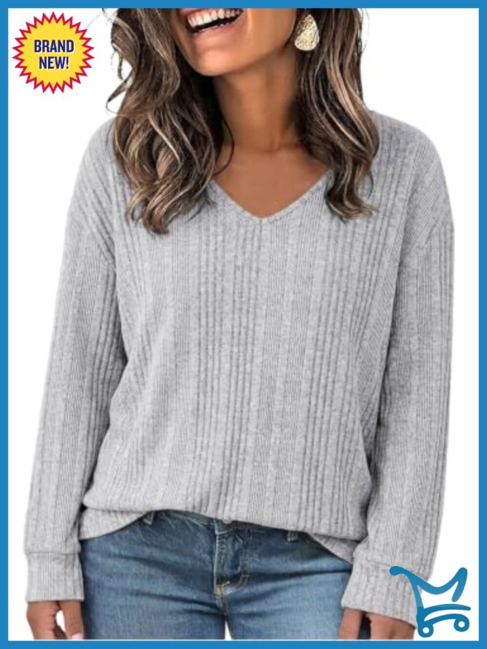 Women's Plus Size Long Sleeve Ribbed Knit V-Neck Tunic Top